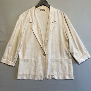 Vintage Willow Bay Women's Beige Linen Blend Blazer 3/4 Sleeve One Button Size L